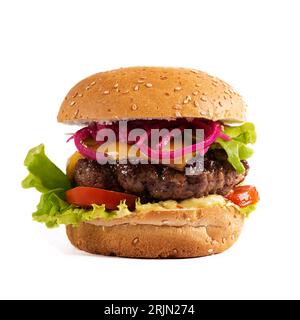 Beef hamburger. Cheeseburger with beef burger, tomatoes, cheese, pickled cucumber and lettuce isolated on white background Stock Photo