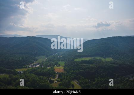 An aerial view of a vast valley with green hills.  Seneca Rocks, West Virginia. Stock Photo