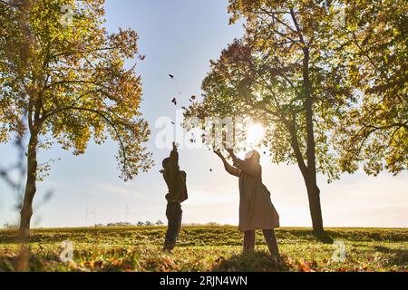 silhouette of mother and child throwing autumn leaves, park, fall season, having fun, woman and boy Stock Photo