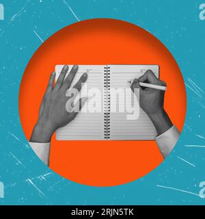 Creative business guy collage template open page diary template. Writing plans of tasks for the working day Stock Photo