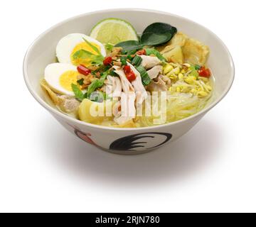 Soto Ayam, an Indonesian chicken noodle soup isolated on white background Stock Photo