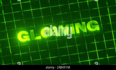 A 3D-rendered pattern of a word on bright neon green lines arranged in a grid pattern. Stock Photo
