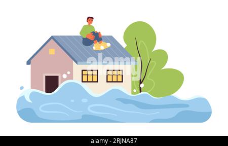 Scared man on house roof monochrome concept vector spot illustration ...