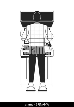 Young man playing arcade flat line black white vector character Stock Vector