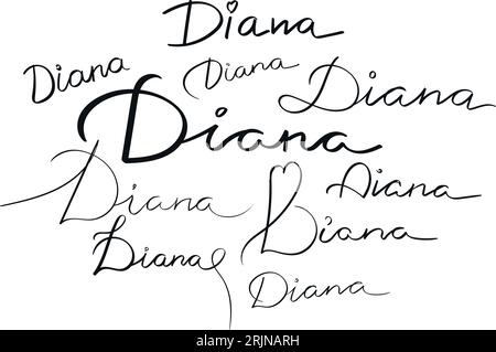 Female name Diana written in different scripts. Girl’s name Handwritten lettering calligraphy typescript. Vector art Stock Vector