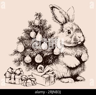 Retro picture christmas tree and rabbit with gifts hand drawn sketch in comic style Stock Vector