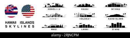 Vector illustration featuring the iconic skylines of Hawaii's islands. Set of exotic landscapes. Perfect for designs capturing the essence and beauty Stock Vector
