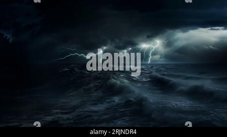 A dramatic image of a cloudy sky above turbulent waves illuminated by a distant lightning strike Stock Photo