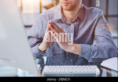 Call center, manager and telemarketing team at computer for software training Stock Photo