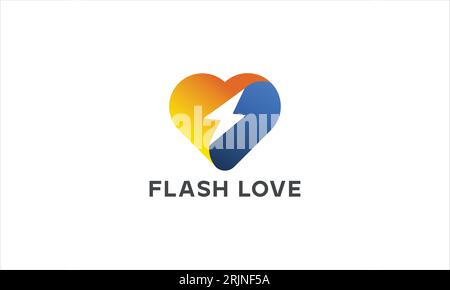 Flash Love Logo – Heart with Lightning Bolt Symbol Design Stock Vector