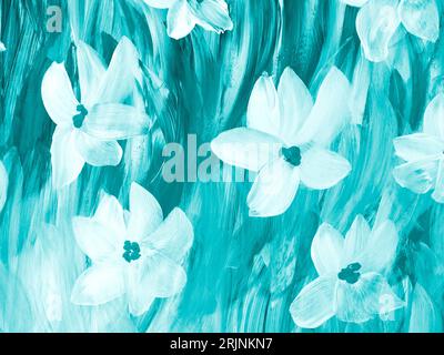 Abstract  turquoise flowers, original hand drawn, impressionism style, color texture, brush strokes of paint,  art background.  Modern art. Contempora Stock Photo