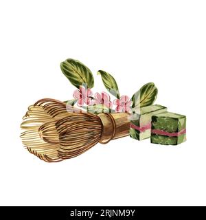 Branch tea plant, pressed tea squares, bamboo whisk isolated on white background. Watercolor hand drawing illustration. Art for asian traditional desi Stock Photo