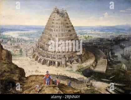 The Tower of Babel, painting in oil on wood by Lucas van Valckenborch, 1594 Stock Photo