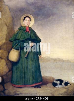 Mary Anning (1799-1847), portrait painting with her dog Tray and the Golden Cap outcrop in the background, before 1842 Stock Photo