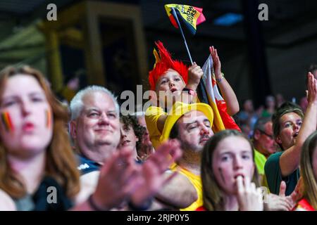 Gent, Belgium. 22nd Aug, 2023. Belgian supporters pictured during a Volleyball game between the national women teams of Belgium, known as the Yellow Tigers, and Poland during the eleventh game in the CEV Euro Volley Championshiop in pool A, on Tuesday 22 August 2023 in Gent, BELGIUM . Credit: sportpix/Alamy Live News Stock Photo