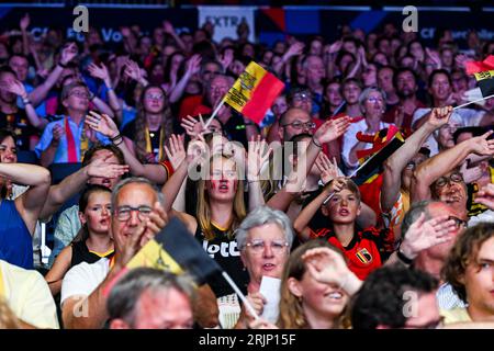 Gent, Belgium. 22nd Aug, 2023. Belgian supporters pictured during a Volleyball game between the national women teams of Belgium, known as the Yellow Tigers, and Poland during the eleventh game in the CEV Euro Volley Championshiop in pool A, on Tuesday 22 August 2023 in Gent, BELGIUM . Credit: sportpix/Alamy Live News Stock Photo