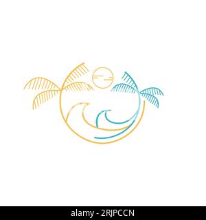 Summer palm tree logo line art simple vector illustration icon graphic design template tropical. Tropical island line art logo minimalist simple vecto Stock Vector