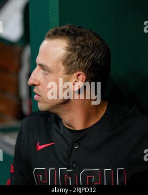 Cincinnati Reds first baseman Spencer Steer (7) leaves the dugout during a  baseball game against the Washington Nationals Friday, Aug. 4, 2023, in  Cincinnati. (AP Photo/Jeff Dean Stock Photo - Alamy