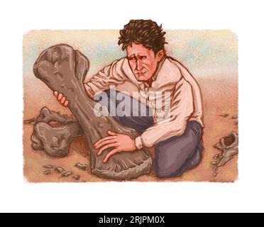 Art, illustration, man examining the fossilised bone of a Megatherium (giant ground sloth, or megathere), suit book art, history, palaeontology images Stock Photo