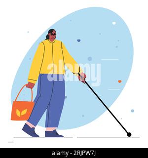 International Day of Persons with Disabilities. Disabled woman in black glasses and walking stick for web, infographics, mobile. isolated background Stock Vector