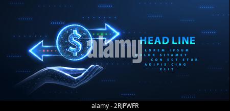 Coin with two right left arrows on hand. Financial service Stock Vector