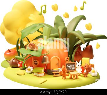 Vector back to school cartoon illustration. Cute animals pupils on school lesson. Pumpkin school building, books, desk, chairs. Autumn outdoor lesson Stock Vector