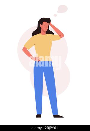 Woman thinking with empty thought bubble. Female character design scratching head Stock Vector