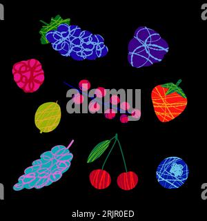 Set with creative Berries illustration Cherry Strawberry Raspberries Blackberry with texture on black background Stock Vector