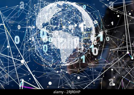 A close-up of a white hologram of the Earth surrounded by binary code Stock Photo