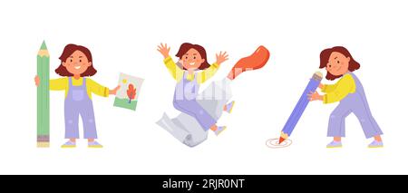 Young Artist girl is drawing doodles on the floor with a big pencil, sitting on a tube of paint, and holding a picture Stock Vector