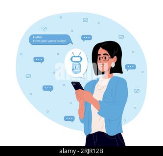 Elderly woman uses the technology of a smart AI robot. Chat concept, artificial intelligence. Dialogue between the AI assistant and the user in the Stock Vector