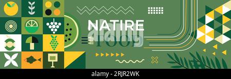 Natural food banner in flat style. Fruits and vegetables in simple Abstract geometric retro shapes.Great for flyer, web poster, natural products prese Stock Vector