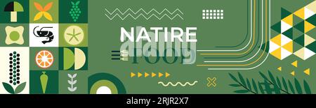 Natural food banner in flat style. Fruits and vegetables in simple Abstract geometric retro shapes.Great for flyer, web poster, natural products prese Stock Vector