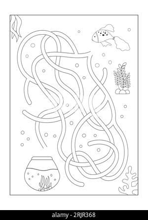 Vector maze isolated on white background. Help the fish find the aquarium. Education logic game labyrinth for kids. With the solution. Stock Vector