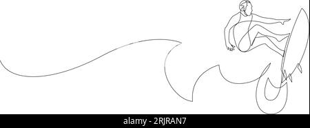 Continuous single line drawing of professional surfer in action riding the waves. Extreme watersport concept drawn in trendy one line style. Summer va Stock Vector