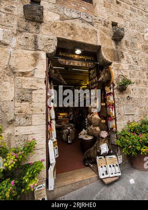 Shops in the street Via San Giovanni in San Gimignano Tuscany, Italy, Europe Stock Photo