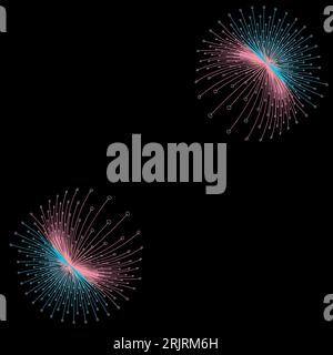 Circle with connected lines and dots. Global digital connections. Wireframe illustration. Abstract 3d gradient design. Technology and fireworks style. Stock Vector