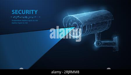 Security camera. Vector low pole illustration. Isolated on blue. Security system, smart home concept Stock Vector