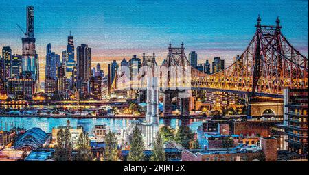 A puzzle with an evening view on Brooklyn Bridge in New York Stock Photo