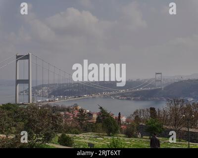 Istanbul, Turkey - 03 04 2011: famous long suspension bridge over the Bosporus in Istanbul, that connects Europe and Asia. Stock Photo