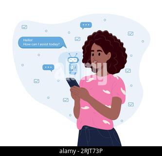 Woman uses the technology of a smart AI robot. Chat concept, artificial intelligence. Dialogue between the AI assistant and the user in the messenger. Stock Vector