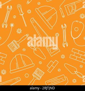 Vector seamless pattern on an orange background for the International Labor Day with tools. Stock Vector