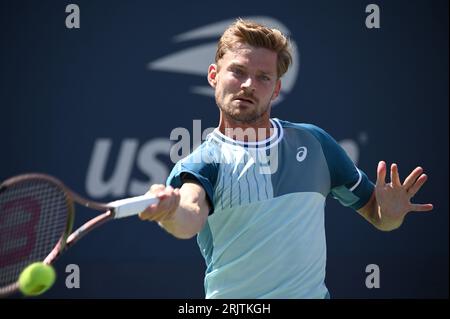 New York, USA. 23rd Aug, 2023. Belgian tennis player David Goffin plays against Austria's Dennis Novak during Men's Qualifying Singles Round 1 at the 2023 US Open Grand Slam tennis tournament, held in Flushing Meadow Corona Park in Queens, New York, NY, August 23, 2023. (Photo by Anthony Behar/Sipa USA) Credit: Sipa USA/Alamy Live News Stock Photo