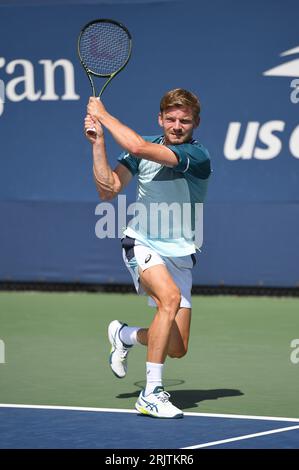 New York, USA. 23rd Aug, 2023. Belgian tennis player David Goffin plays against Austria's Dennis Novak during Men's Qualifying Singles Round 1 at the 2023 US Open Grand Slam tennis tournament, held in Flushing Meadow Corona Park in Queens, New York, NY, August 23, 2023. (Photo by Anthony Behar/Sipa USA) Credit: Sipa USA/Alamy Live News Stock Photo