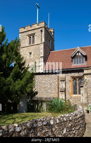 The exterior of the historic church of St John the Baptist, at Pinner, Middlesex, dating from the 14th and 15th centuries Stock Photo