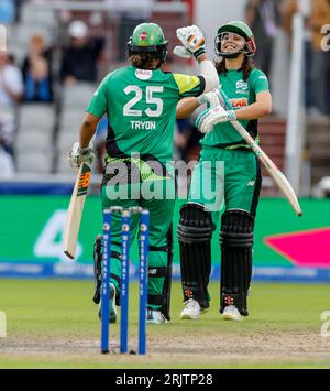 Manchester, UK. 23rd August 2023;  Old Trafford Cricket Ground, Manchester, England; The Hundred Womens Cricket, Manchester Originals versus Southern Brave;  Brave players celebrate after the Brave win by 8 wickets to book their place directly in the final at Lords on Sunday Credit: Action Plus Sports Images/Alamy Live News Stock Photo