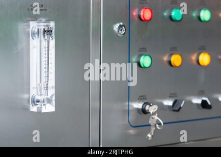Perm, Russia - June 29, 2023: water gauge and colored indicators on the control panel of the cleaning machine for printed circuit boards Stock Photo