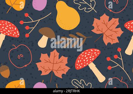 autumn seamless pattern with leaves, pears, plums, apples, mushrooms and floral elements; great for wrapping, textile, wallpaper, greeting card- vecto Stock Vector