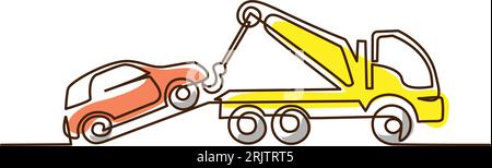 Tow truck lift broken car using crane. Continuous one line drawing. Stock Vector