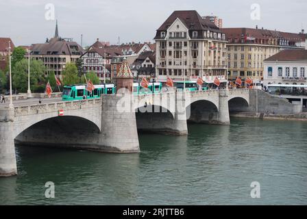 View of the Mittlere Brücke in Basel city, Switzerland Stock Photo